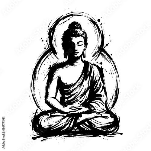 Artistic ink illustration of Buddha meditating in lotus position with circular background