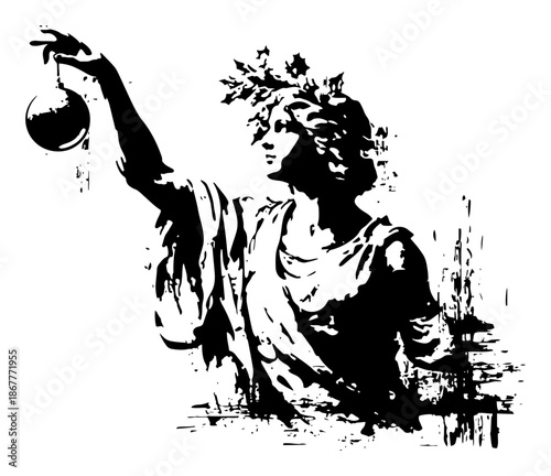 Classical female deity wearing wreath holding a suspended sphere in grunge ink style