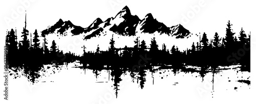 Panoramic landscape with mountains and forest reflecting in water in grunge ink style