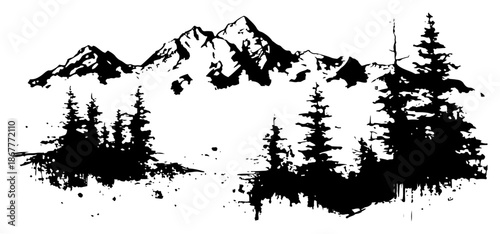 Panoramic view of mountains and pine forest in black ink sketch
