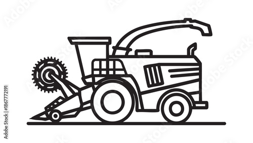 A combine harvester in action, cutting crops in a field from a side view