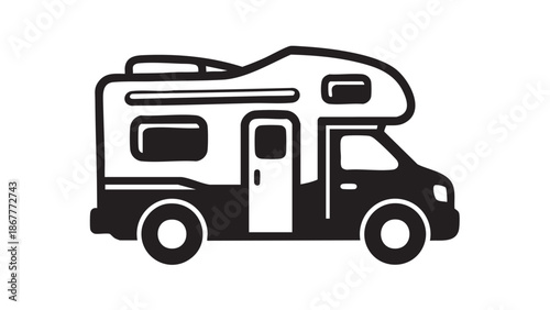 A black and white illustration of a camper van with an open door