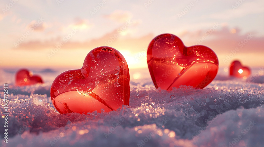 Fototapeta premium Red Glass Hearts in Snow at Sunset, Winter Valentine Love Concept With Ice Texture and Warm Light for Romantic Holiday Design, Seasonal Greeting Cards, Emotional Visuals and Festive Backgrounds