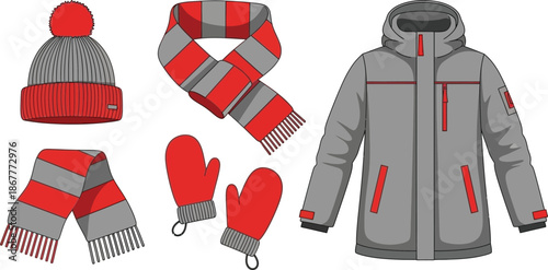 Set of 4 winter clothes flat illustration beanie hat wool scarf mittens and winter coat