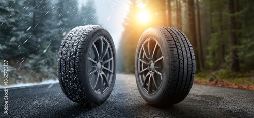 Winter and Summer Tires Comparison Concept with Split Background of Snowy and Sunny Road