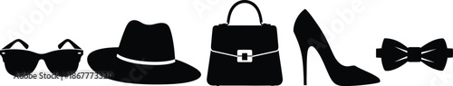 Set of 5 fashion accessories silhouette sunglasses hat handbag high heel shoe and bow tie