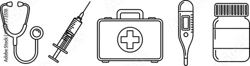 Set of 5 medical icons outline style stethoscope syringe first aid kit thermometer and pills bottle