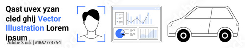 Profile avatar, data analysis charts, and vehicle graphic. Ideal for technology, analytics, transport, identity, automation business solutions AI. Perfect for a simple landing page