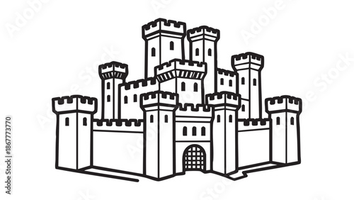 A majestic medieval castle with towers and battlements stands tall in a serene landscape, viewed from a slight elevation.