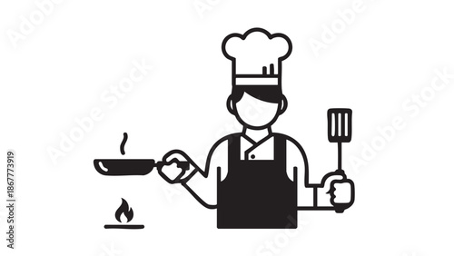 Chef Cooking Meal in Kitchen with Utensils and Frying Pan