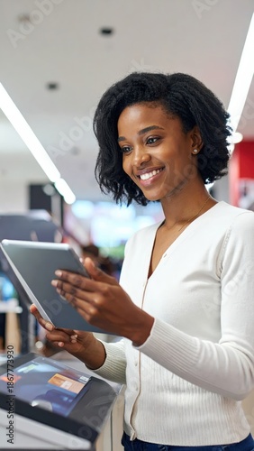 Joyful Customer Interacting with Tablet in Modern Store