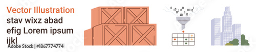 Logistics, data processing, supply chain, urban planning, analytics, distribution. Wooden crates, data funnel urban buildings. Logistics and data processing visually