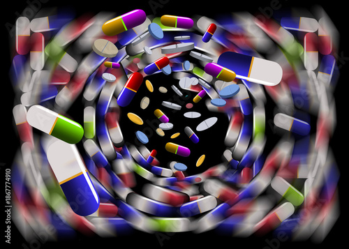 Schilderij op canvas A plethora of medicine capsules swirl and float in a 3-d illustration about prescription drugs