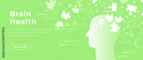Green brain health background with a light human head silhouette and white scattered puzzle shapes. Medical wellness abstract design for mental health, psychology, memory, cognition, therapy concepts