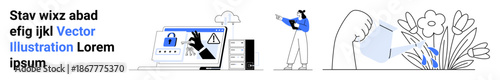 Locked computer screen, caution icons, and people addressing issues. Ideal for cybersecurity, technology, data protection, warning systems, teamwork, awareness campaigns simple landing page