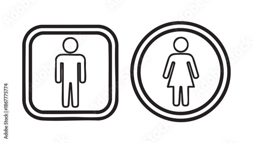Simple black and white illustration of male and female restroom signs on a plain white background