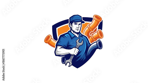 Cartoon Plumber Mascot with Wrench and Pipes Logo Design.