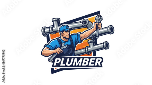 Cartoon Plumber Mascot with Wrench and Pipes Illustration.