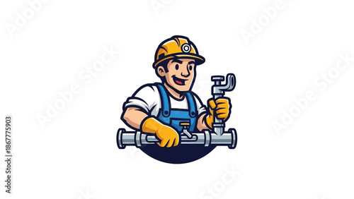 Cartoon Plumber Mascot with Pipe Wrench and Plumbing Fixtures.