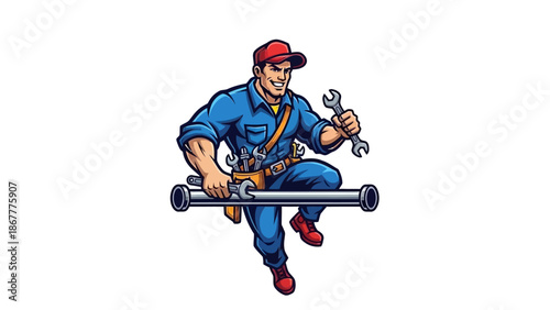 Cartoon Plumber Mascot with Wrench and Pipe Ready for Action.