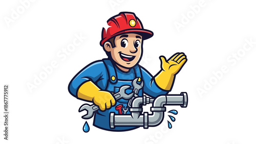 Cartoon Plumber Mascot with Wrench and Pipe Repairing Leak.