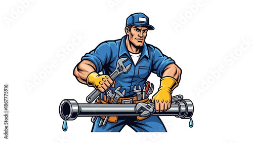 Cartoon Plumber Tightening Pipe with Wrench, Ready for Plumbing Work.