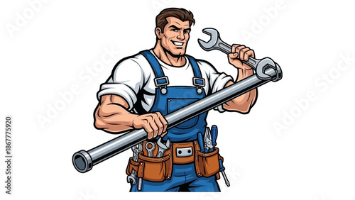 Cartoon Plumber with Large Wrench and Tool Belt Ready for Repairs.