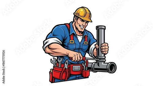 Cartoon Plumber Tightening Pipe Fitting with Wrench.