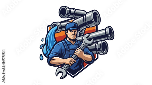 Cartoon Plumber with Wrench and Pipes Logo Design.