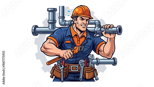 Cartoon Plumber with Wrench and Pipes Illustration.