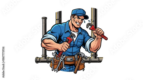 Cartoon Plumber with Wrenches and Pipes Illustration.