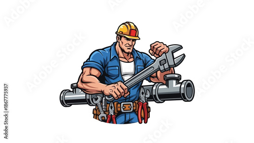 Cartoon Plumber with Wrench and Pipes Ready for Plumbing Work.