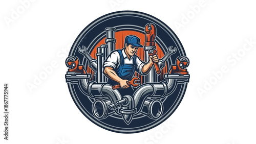 Detailed Illustration of a Plumber Working on Pipes in a Circular Design.