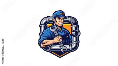 Plumber mascot logo featuring a muscular man with wrench.