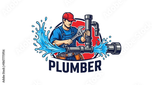 Plumber logo featuring a man fixing pipes with a wrench.