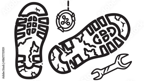 Illustration of shoe soles and mechanical tools in a repair context
