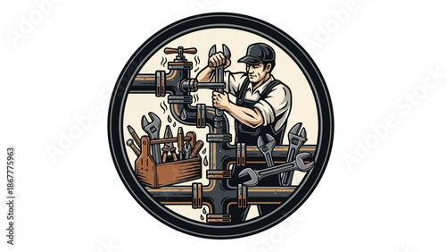 Plumber Repairing Pipes with Tools in a Circular Emblem.