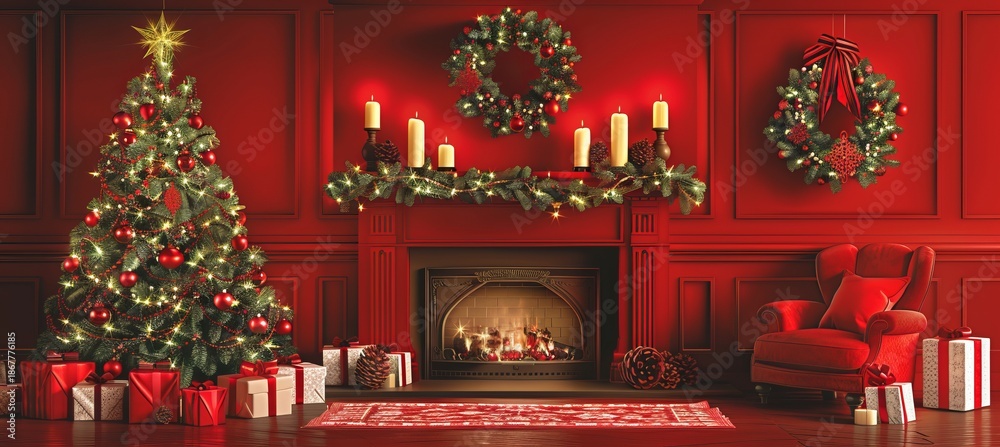 Obraz premium Cozy christmas living room decorated with a beautiful tree and warm, inviting lights