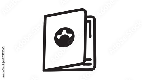 Simple black and white illustration of a document with a logo on the cover