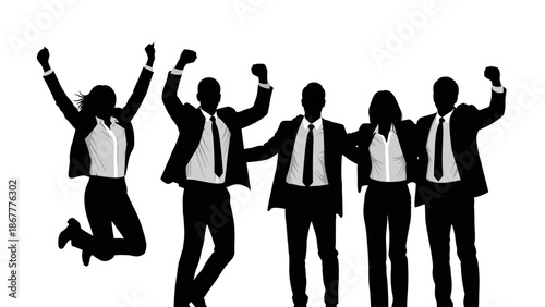 Black silhouettes of a group of businesspeople celebrating with raised arms and fists in a joyful pose against a clean white background.