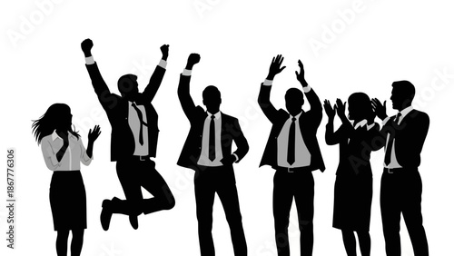 Black silhouette of a group of business people celebrating with raised arms on a white background, conveying a sense of success and joy in a business setting.
