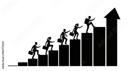 Black silhouette of people climbing up a bar graph with an upward arrow, symbolizing business success and growth on a white background.