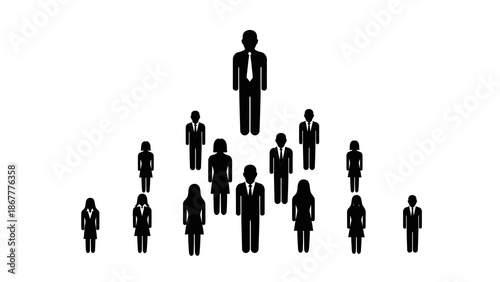 Black silhouette of people in a business setting, forming a hierarchical structure with one prominent figure in the center, against a clean white background.
