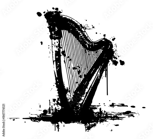 Classical musical instrument harp depicted as a grunge black ink silhouette