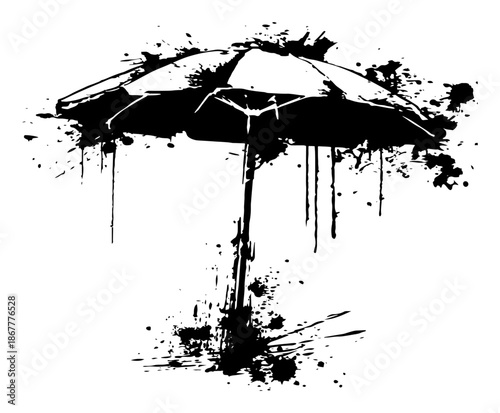 Black and white beach umbrella with artistic ink drops and splatter