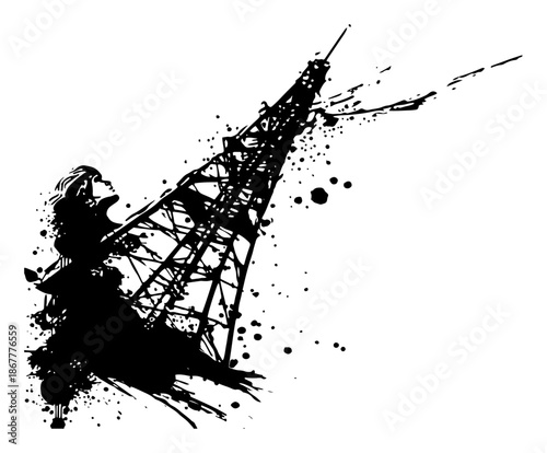Grunge ink splatter vector illustration of a high voltage power line pylon