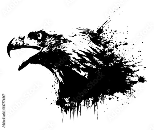 Aggressive eagle head profile in black ink grunge style