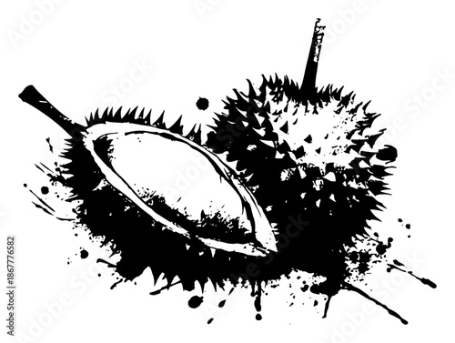 Spiky tropical durian fruit and flesh segment in grunge ink style