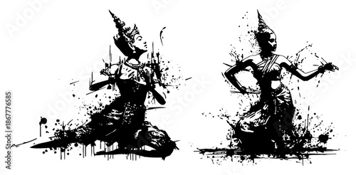 Traditional Thai dancers performing in artistic ink splatter style