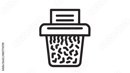 A simple black and white illustration of a paper shredder with shredded paper inside